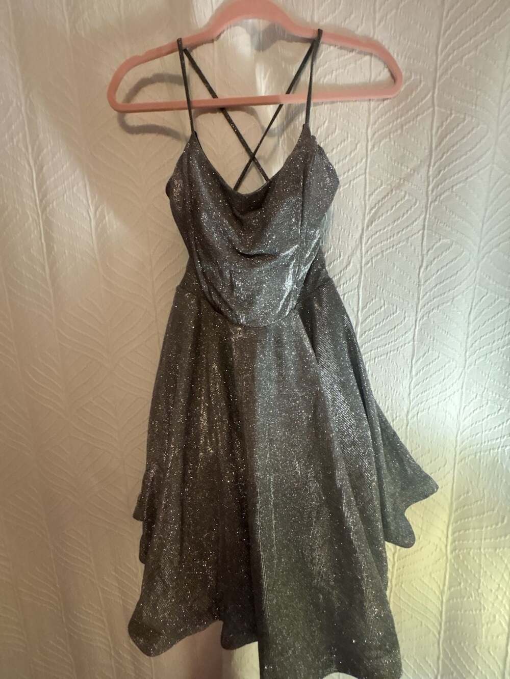 Speechless Silver Glitter Shimmer Cowl Neck Lace-Up Back Homecoming Dress S 13